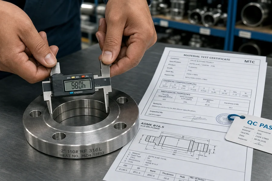 Digital caliper measuring flange bore — Material Test Certificate and QC PASSED card